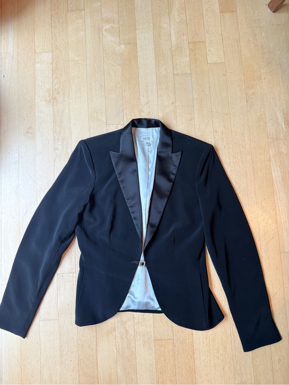 Cache Black Blazer Satin-Lapel with Cinched Waist